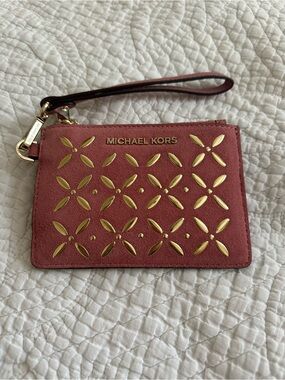 Michael Kors Rose Suede Wristlet Card Holder with Gold Accents